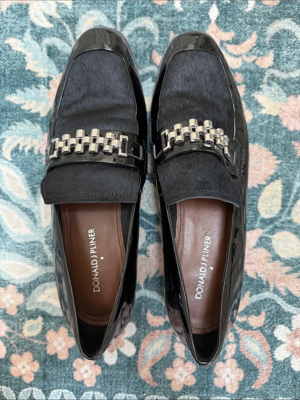 Donald J. Pliner Black Patent & Haircalf Loafers with Silver Chain